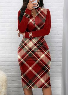 Color:Wine Red;Size:S;Size:M;Size:L;Size:XL;Size:XXL;Package Contents:1 X Dress;Occasion:Holiday;Style:Elegant; Plaid Dresses, Dress Elegant Long, Dress For Spring, Slim Dress, Sleeve Bodycon Dress, Solid & Striped, Slim Dresses, Long Sleeve Midi, Long Sleeve Bodycon