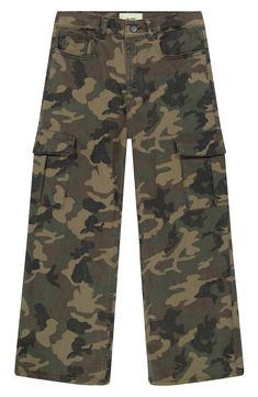 Your kid will love being seen in these roomy wide-leg pants outfitted with cargo pockets and a can't-miss camo print. Zip fly with button closure Five-pocket style; cargo flap-patch pockets 98% cotton, 2% Lycra® spandex Machine wash, dry flat Imported Casual Camouflage Cargo Pants With Patch Pockets, Casual Camouflage Cargo Jeans With Patch Pockets, Camouflage Wide Leg Cargo Jeans, Camouflage Wide Leg Cargo Pants With Pockets, Camouflage Wide-leg Cargo Jeans With Side Pockets, Wide Leg Camouflage Cargo Pants, Wide Leg Pant Outfit, Wide Leg Cargo Pants, Style Cargo