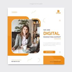 an orange and white flyer for a digital marketing event with a woman sitting at a desk