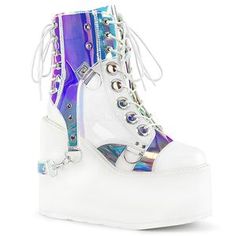 SWING-115, 5 1/2" Platform Lace-Up Ankle Boot with PVC Harnesss in White/Mirror Clear Boots, Demonia Boots, Goth Boots, Demonia Shoes, High Ankle Boots, Platform Ankle Boots, White Boots