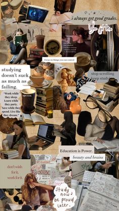 a collage of images with words and pictures on them that include books, papers, magazines