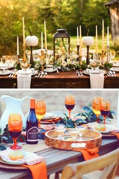 an outdoor table set up with wine glasses and plates