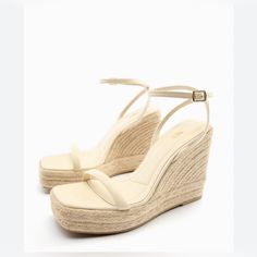 Nwt Zara Leather Wedge Sandal Vacation Block Heel Wedge Sandals With Heel Loop, Cream Open Toe Platform Wedge Sandals, Wedge Heels With Removable Insole For Vacation, Open Heel Platform Wedge Sandals For Beach, Beige Closed Toe Wedge Sandals With Wrapped Heel, Vacation Wedge Sandals With Heel Strap And Block Heel, Vacation Block Heel Wedge Sandals With Heel Strap, Wedge Sandals With Wrapped Heel For Vacation, Vacation Wedge Sandals With Wrapped Heel And Round Toe