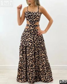 Leopard Print Cut-Out Waist Long Maxi Dress Wardrobe Photoshoot, Winter Formal Dresses Long, Cutout Maxi Dress, Dress Women Elegant, Ruffles Fashion, Maxi Dresses Casual, Leopard Pattern, Club Dresses, Long Maxi Dress