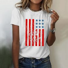 On the 4th of July every year, the day this country was born is celebrated across the United States - American Independence Day. To commemorate this historic occasion, we have created a women's t-shirt short sleeve that is not only a stylish piece of apparel, but also a tribute to the spirit of American independence. The design of this T-shirt is inspired by the Declaration of Independence of 1776, which proclaimed the breakaway of the 1056 colonies from British rule and the establishment of a new nation - the United States of America. Our designers have incorporated the spirit of this historic event into the design of the t-shirt, featuring the classic Stars and Stripes motif that symbolizes the country's freedom and unity. The short sleeves of this t-shirt are made from a comfortable fab American Independence Day, The Declaration Of Independence, Baseball Print, American Independence, Drawstring Top, Vinyl Ideas, Declaration Of Independence, Ladies T Shirt, Fashion T Shirt