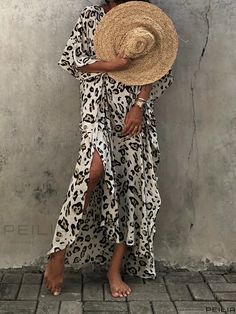 Peilia - Stylish Plus Size Boho Cover Up Dress for Women: Leopard Print Bat Sleeve V Neck Split Hem Ensemble with Belt Women Beach Wear, Plus Size Cover Up, Summer Midi Dress, Boho Plus Size, Elegant Plus Size, Beach Kaftan, Plus Size Boho, Split Hem Dress, Swim Suit Cover