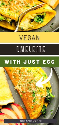 an omelette with just egg is shown on a plate and the title reads vegan omelette with just egg