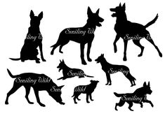 six german shepherd dogs silhouettes with names