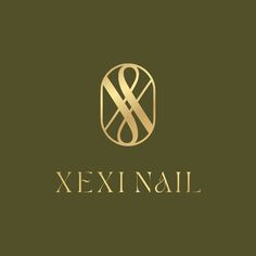 the xexi nail logo is shown in gold and black on an olive green background