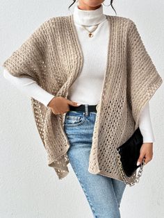 Women Vintage Style Solid Color Hollow-Out Knitted Cardigan Shawl Khaki Casual  Three Quarter Length Sleeve Knitwear Plain  High Stretch  Women Clothing, size features are:Bust: ,Length: ,Sleeve Length: Diy Crochet Slippers, Cardigan Shawl, Homecoming Dresses Short Tight, Cropped Leather Jacket, Shawl Cardigan, Casual Stripes, Moda Vintage, Homecoming Dresses Short, Knitted Cardigan