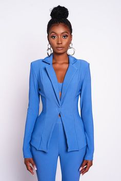 Blue Dionne Blazer Jacket – Kloset Envy Fitted Solid Color Blazer For Night Out, Single-breasted Notch Lapel Suit For Night Out, Single Breasted Notch Lapel Suits For Night Out, Chic Blue Business Blazer, Tailored Single-breasted Blazer For Night Out, Night Out Blazer With Suit Collar, Chic Blue Office Wear Blazer, Fitted Single Button Blazer For Night Out, Single Button Fitted Blazer For Night Out