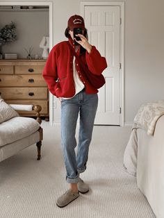 I was thinking: Give me all the red in my closet. Pile it on. Winter Indoor Outfits, Red Knit Cardigan Outfit, Ruby Jacket Outfit, Bright Red Sweater Outfit, Casual Red Winter Cardigan, Red Knitted Winter Cardigan, Casual Christmas Outfits, Red Cardigan Outfit, Birkenstock Clog Outfit