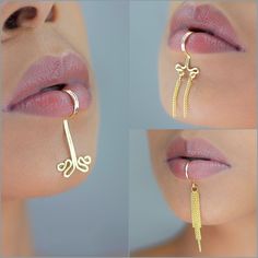 Turn heads in this one of a kind handmade lip cuff set!  The "Virgo" collection features three different unique styles! All inspired by the practical but pure energy of the Virgo.  All 3 styles are Ruby Moon original designs! These Lip cuffs are made with thick and sturdy tarnish resistant gold, rose gold, bronze or silver wire. No piercing is needed for this style! The lip hugger design is comfortable and easy to wear while talking and drinking. These faux piercing lip cuffs are fully adjustabl Unique Body Jewelry, Wire Body Jewelry, Lip Cuff Jewelry, Eat Cuffs, Facial Jewelry, Unique Loc Styles, Afro Jewelry, Lip Cuffs, Piercing Lip