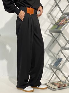 Men's Loose Color Block Pathcowrk High Waist Slim Casual Suit Pants Black Gray Wide Leg Front Folded Trouser Male 9Y5098 voguable Custom Made Clothing, Black Camel, Casual Suit, Pantalon Large, Suit Pants, Card Holder Leather, Slim Waist, Wide Leg Trousers, Mens Coats