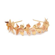 "Lively 3D leaves with delicate engraving form beautiful warm halo in your locks. Plated in 24 karat gold and rose gold, this light crown will add gorgeous touch to any outfit. Piece approximate measurements: entire headband measures 16\" adorned part is 7\" long, 2.5\" at its widest and 0.5\" at its tallest Materials rose gold and 24 karat gold plated brass leaves gold plated metal flexible headband Hand wired on for ever lasting support. Due to its handcrafted nature, each product slightly var Ethereal Crown, 3d Leaves, Gold Leaf Headband, Pastel Pink Weddings, Leaf Headband, Leaf Crown, Crown Crafts, Leaves Headband, Headband Bridal