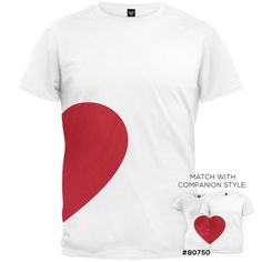 Valentine's Day - Half Heart Matching Couples Adult Mens T-Shirt #OldGlory #GraphicTee White Cotton T-shirt With Heart Print, Valentine's Day White Graphic Print Shirt, Unisex Cotton T-shirt For Gift, Casual Cotton T-shirt For Valentine's Day, Casual Valentine's Day T-shirt With Heart Graphic, Valentine's Day Graphic Cotton T-shirt, Basic White T-shirt With Heart Graphic, White Shirt With Heart Graphic As Gift, Cotton T-shirt With Heart Print