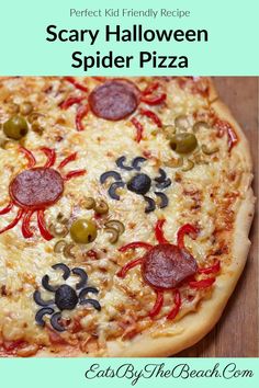 two pizzas sitting on top of a wooden table with the words creepy pizza recipe