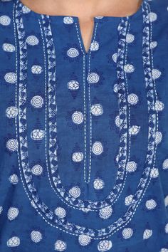 Indigo kurti neckline Indigo Kurti Designs, Patchwork Kurti, Neck Designs For Kurtis, Designs For Kurtis, Kurta Pattern, Embroidered Kurtis, Western Patterns