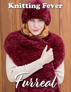 a woman wearing a red fur vest and hat with the words knitting fever written on it