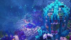 an aerial view of a futuristic city in the middle of night with blue and purple lights