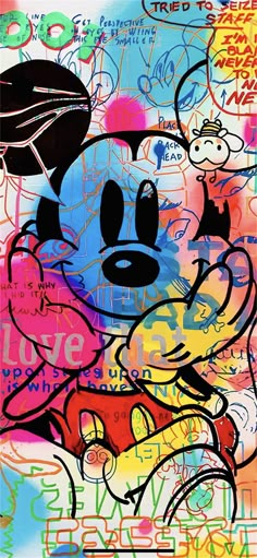 a mickey mouse painting on a white background with colorful letters and graffiti written all over it