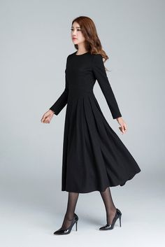 long black dress wool dress winter dress pleated dress Fall A-line Midi Dress With Pleated Sleeves, Chic Pleated Long Sleeve Dress For Winter, Classic Evening Midi Dress For Winter, Winter Dresses With Pleated Long Sleeves, Long Winter Dress For Formal Occasions, Winter Pleated Long Sleeve Dress, Formal Long Dress For Winter, Modest Long Sleeve Dress For Fall, Modest Black Maxi Dress For Formal Occasions