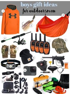 an assortment of items that include hunting gear, hats, and other things to pack for the outdoors