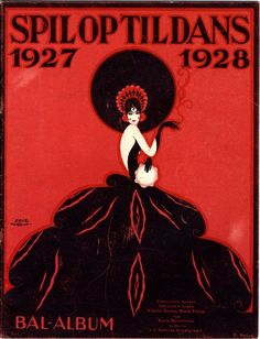 an old poster with a woman in a black dress on the front and red background