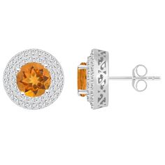 7mm round citrine and round white topaz rhodium over sterling silver double halo stud earrings. Measures approximately 0.48" L x 0.48" W and have post with friction backings. Round Topaz Earrings For Anniversary, Topaz Jewelry With Halo Setting, Round Topaz Halo Jewelry, Anniversary Round Topaz Earrings, Luxury Round White Topaz Earrings, Silver Dual-tone Round Earrings, Luxury Round Citrine Earrings, Yellow Gold Topaz Earrings, Round Shape, Silver Citrine Round Earrings