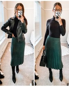 Green Velvet Skirt Outfits, Pleated Skirt Outfit Fall, Pencil Skirt Outfits Winter, Velvet Skirt Outfit, Midi Skirt Outfit Winter, Green Skirt Outfits, Long Skirt Winter