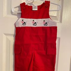 New Red Longalls With Smocked Front Smocked Cows Have Two Cargo Pockets Smoke Free Red Cotton Jumpsuit For Playtime, Red Bib Front Overalls With Pockets, Snow Overalls, Long Overalls, Pink Overalls, Red Overalls, Denim Coverall, Baby 12 Months