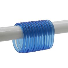 a blue and white plastic tube is attached to a pipe