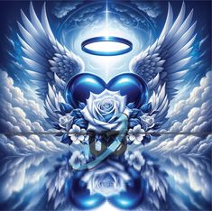 an angel heart with wings and a halo above it on top of a blue background