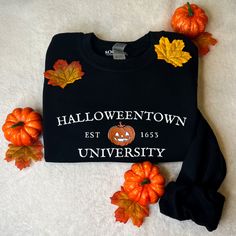 Halloweentown University Crewneck - Black – Sophie V. Designs Black Fall T-shirt For College, Black College T-shirt For Fall, Black Pre-shrunk Sweatshirt For Fall, Halloweentown University, University Crewneck, Halloween Clothes, Halloween Town, Hanging Dryer, Halloween Outfits