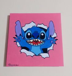 a painting of a blue cartoon character with big eyes and teeth on a pink background