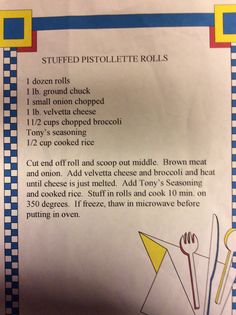 a recipe for stuffed potato rolls with instructions on the side and an image of a fork