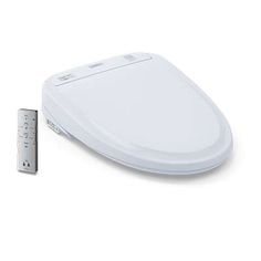 the electronic toilet seat is white and has buttons on each side, along with a remote control