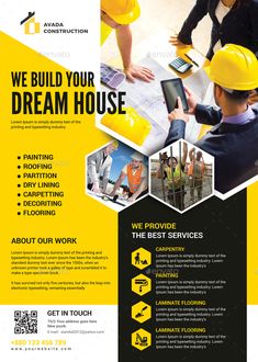 a yellow and black flyer for a construction company with people in hardhats on it