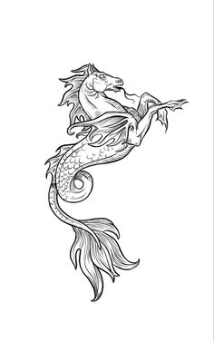 a black and white drawing of a mermaid with her tail curled up in the air