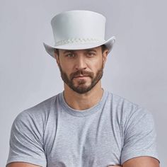 A man wearing Ghost Rider White Leather Top Hat White Top Hat, Leather Top Hat, American Hat Makers, American Hat, Funky Hats, Outback Hat, Mens Hats Fashion, Hat Styles, Red Carpet Event