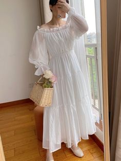 This price is for a dress only.   	 		 			Size 			S 			M 			L 		 		 			Full Length 			110 			111 			112 		 		 			Bust 			116 			120 			124 		 		 			Waist 			116 			120 			124 Dress With Flounce, White Off Shoulder, Vintage Dress, Mix Match, A Dress, Off Shoulder Dress, Vintage Dresses, Off The Shoulder, Full Length