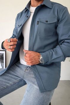 Embellished Button Down Shirt Jacket – Shirts In Style Elegante Casual, Shirt Cuff, Perfect Man, Fall Looks, Casual Look, Steel Blue, Button Shirt, Modern Man, Stylish Shirts