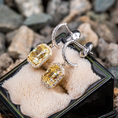 This wonderful pair of pierced earrings feature an 18K yellow gold dangle style halo setting and topped with a platinum half hoop. Each earring is accented with one (1) cushion modified brilliant cut fancy yellow colored diamond surrounded by a halo of twenty-six (26) round diamonds all prong set. The top of each earring has a half hoop containing thirteen (13) diamonds set outside and inside of the hoop and all bead set. The earrings are finished with a post and la pousette backs. The earring measure 22.7mm from top to bottom of dangle and have a width of 9.51mm. Gia Certified Luxury Yellow Gold Earrings, Yellow Diamond Drop Earrings Fine Jewelry, Luxury Gia Certified Yellow Gold Earrings, Luxury Gia Certified Yellow Gold Diamond Earrings, Luxury Yellow Diamond Drop Earrings, Elegant Yellow Diamond Earrings With Halo Design, Yellow Gold Halo Drop Earrings, Luxury Diamond Dangle Earrings With Halo Design, Luxury Dangle Diamond Earrings With Halo Design