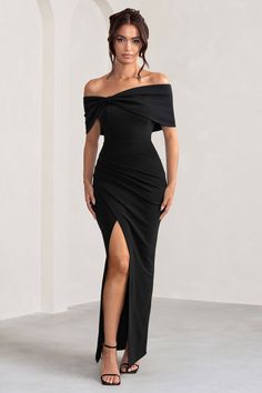 Eva | Black Bardot Bow Detail Maxi Dress With Thigh Split Off Shoulder Gowns, Cocktail Long Dress, Black Crepe Dress, Wedding Guest Maxi Dress, All Black Black Tie Wedding, Formal Wedding Guest Attire Winter, Black Gala Dresses, Crepe Dress Styles, Formal Dresses For Weddings Guest