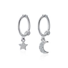 A Pair Of Asymmetry Moon Crescent And Star Dangle Huggies Earrings Description: Metal: The Earrings Are Made From Solid 925 Sterling Silver, Finest Silver, Nickel Free Measurement: - Hoop Outer Diameter 10mm/0.4"; Earring Closure: Hinged-Hoop Color: Silver, ...................................................... This Items Arrive In A Jewelry Pouch. Silver Celestial Huggie Earrings, Elegant Huggie Earrings With Moon Charm, Celestial Silver Earrings With Dangling Charms, Silver Celestial Earrings With Dangling Charms, Adjustable Moon Charm Earrings, Moon Charm Huggie Earrings, Silver Moon Cartilage Earring, Silver Moon-shaped Single Cartilage Earring, Moon-shaped Sterling Silver Earrings