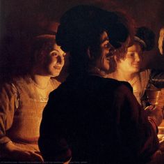 a painting of three people talking to each other