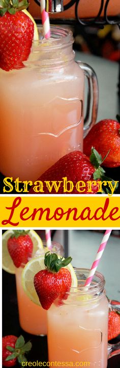 two glasses filled with lemonade and strawberries