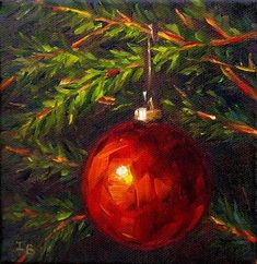 Christmas Canvas Art, Canvas For Beginners, Christmas Artwork, Christmas Tree Painting, Red Ball