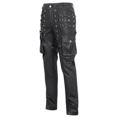 Introducing our Men's Gothic Big-pocket Silver Studded Faux Leather Pants, a statement piece that exudes boldness and edge. Crafted from a blend of faux leather and cotton fabric, these pants offer both durability and comfort for your everyday wear. 
 
The standout feature of these pants is the big-pocket design with a strap on the leg, adding a utilitarian and industrial touch to the overall look. Multiple studded straps adorn the pants, creating a striking visual contrast and adding an element Shape Wear, Big Pocket, Tailored Blazer, Faux Leather Pants, Black Pants, Combat Boots, High Fashion, Unique Style, Leather Pants