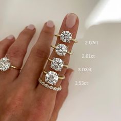 a woman's hand with five different rings on it and the measurements for each ring